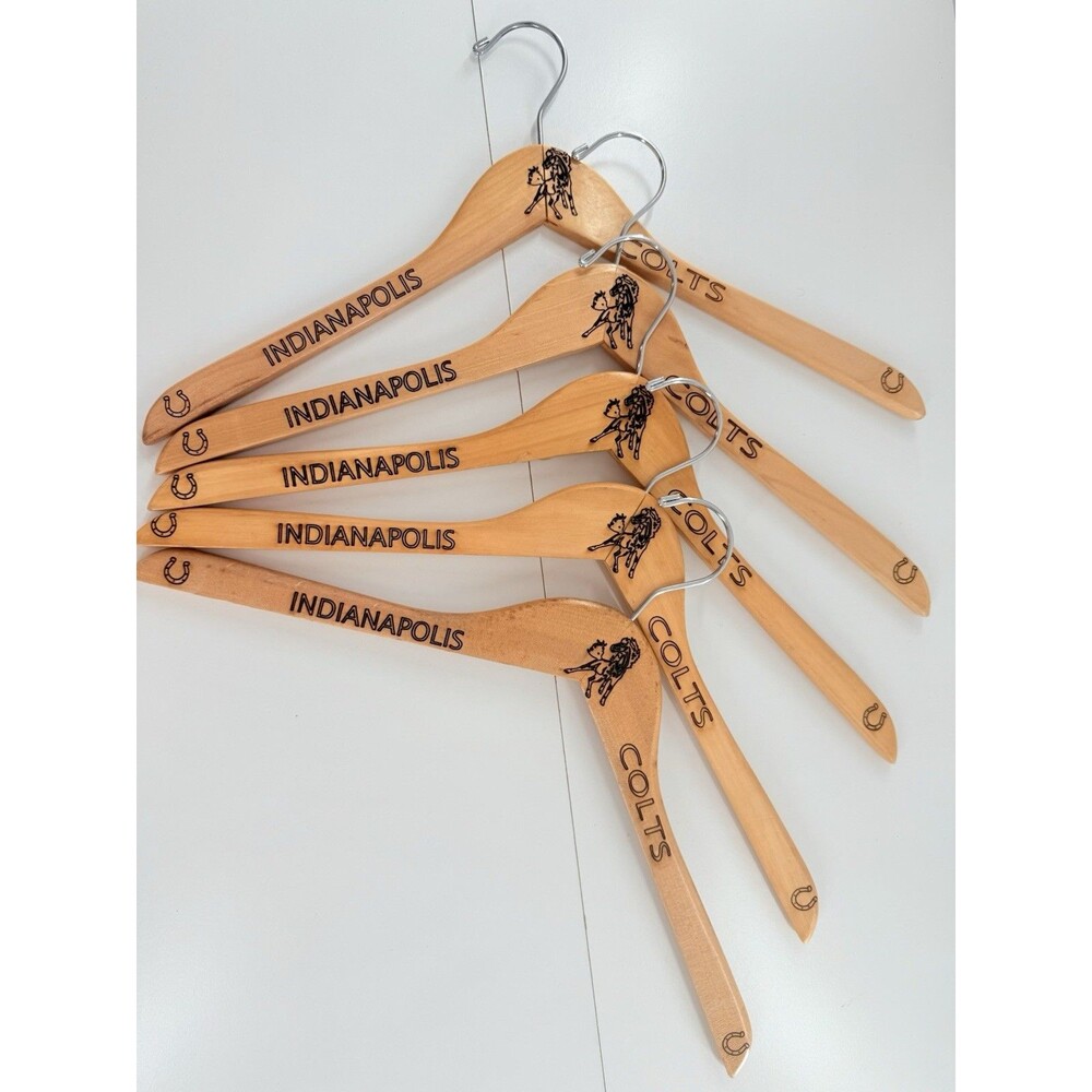 5 Custom natural wood Indianapolis Colts-branded suit hangers.